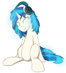 Size: 1000x1109 | Tagged: safe, artist:sanzols, dj pon-3, vinyl scratch, pony, unicorn, eyes closed, female, headphones, mare, signature, simple background, sitting, smiling, solo, white background