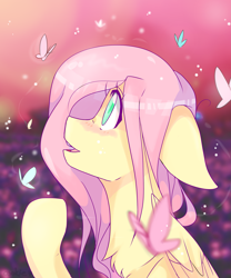 Size: 2893x3483 | Tagged: safe, artist:cookietasticx3, fluttershy, butterfly, pegasus, pony, amazed, blushing, bust, chest fluff, female, floppy ears, looking at something, looking up, mare, open mouth, profile, raised hoof, solo