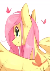 Size: 2893x4092 | Tagged: safe, artist:cookietasticx3, fluttershy, butterfly, pegasus, pony, beanbrows, eyebrows, female, mare, rear view, sidemouth, simple background, smiling, solo, spread wings, stray strand, three quarter view, white background, wings