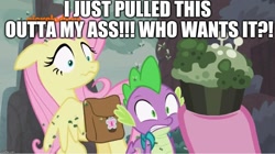 Size: 1032x578 | Tagged: safe, edit, edited screencap, editor:useraccount, screencap, fluttershy, pinkie pie, spike, dragon, earth pony, pegasus, pony, school raze, backpack, baked bads, caption, cupcake, disgusted, eww, excessive exclamation marks, food, gross, image macro, meme, mold, muffin, op is a cuck, text, vulgar, why