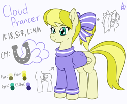 Size: 1100x900 | Tagged: safe, artist:acesrockz, oc, oc only, oc:cloud prancer, pegasus, pony, blonde hair, bow, clothes, color palette, cutie mark, hair bow, light skin, ponytail, reference sheet, ribbon, simple background, smiling, solo, sweater, white background