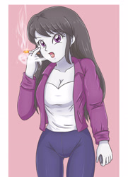 Size: 2479x3424 | Tagged: safe, artist:sumin6301, octavia melody, equestria girls, blowing, breasts, cigarette, cleavage, clothes, female, open mouth, pants, smoking, solo