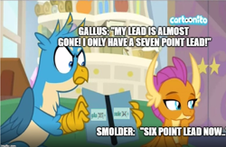 Size: 1232x804 | Tagged: safe, edit, edited screencap, screencap, gallus, smolder, dragon, griffon, student counsel, caption, derpibooru, dragoness, female, gallus is not amused, image macro, joke, meme, meta, smiling, smirk, text