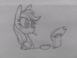 Size: 3264x2448 | Tagged: safe, artist:poorlydrawnpony, applejack, earth pony, pony, applejack's hat, cereal, cowboy hat, food, hat, monochrome, solo, traditional art