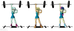 Size: 2249x950 | Tagged: safe, artist:niban-destikim, applejack, bon bon, lyra heartstrings, sweetie drops, equestria girls, applejacked, barbell, biceps, blonde, bon bombastic, clothes, commission, converse, flexing, hatless, lifting, lyra hamstrings, missing accessory, muscles, shoes, simple background, smiling, strong, stronk, super strength, transparent background, weight lifting, wondercolts