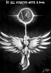 Size: 1036x1500 | Tagged: safe, artist:jamescorck, derpibooru import, twilight sparkle, twilight sparkle (alicorn), alicorn, pony, journal of the two sisters, anniversary, book, floating, glowing eyes, happy birthday mlp:fim, magic, mlp fim's sixth anniversary, monochrome, open mouth, solo