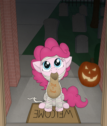 Size: 2643x3109 | Tagged: safe, artist:davinciwolf, pinkie pie, earth pony, pony, clothes, costume, cute, diapinkes, female, halloween, holiday, jack-o-lantern, mummy, nightmare night, pumpkin, solo, trick or treat