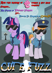 Size: 3307x4677 | Tagged: safe, artist:spritepony, derpibooru import, copper top, twilight sparkle, twilight sparkle (alicorn), alicorn, pony, the gift of the maud pie, charity, cuffs, grin, hot fuzz, manehattan, movie, movie poster, parody, police, police pony, police uniform, smiling, sunglasses, text, toothpick