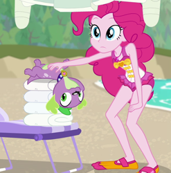 Size: 652x661 | Tagged: safe, screencap, pinkie pie, spike, spike the regular dog, dog, better together, equestria girls, forgotten friendship, clothes, cropped, drone, female, geode of sugar bombs, legs, male, paws, swimsuit