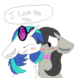 Size: 1024x1024 | Tagged: safe, artist:circuspaparazzi5678, dj pon-3, octavia melody, vinyl scratch, earth pony, pony, blushing, cute, female, floppy ears, kissing, lesbian, scratchtavia, shipping, simple background, transparent background