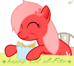 Size: 1801x1628 | Tagged: safe, artist:arifproject, oc, oc only, oc:downvote, earth pony, pony, derpibooru, derpibooru ponified, eating, eid al-fitr, eyes closed, food, holding, malaysia, meta, ponified, simple background, solo, text, transparent background, vector