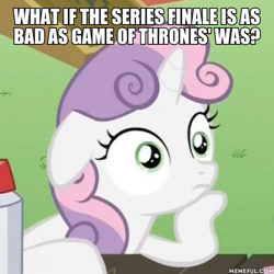 Size: 600x600 | Tagged: safe, edit, edited screencap, screencap, sweetie belle, pony, unicorn, ponyville confidential, cropped, exploitable meme, female, filly, game of thrones, horn, image macro, meme, meta, obligatory pony, op is a cuck, op is trying to start shit, solo, subvert expectations, sudden clarity sweetie belle, tempting fate, text, two toned mane, what if, white coat, wide eyes