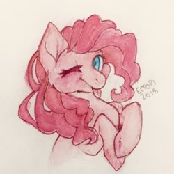 Size: 2568x2568 | Tagged: safe, artist:ectopi, pinkie pie, earth pony, pony, female, looking at you, mare, one eye closed, simple background, solo, tongue out, traditional art, white background, wink