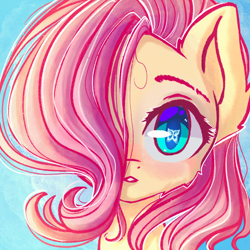 Size: 2000x2000 | Tagged: safe, artist:chaosangeldesu, fluttershy, pegasus, pony, anime eyes, blushing, bust, butterfly eyes, cute, cutie mark eyes, female, hair over one eye, looking at you, mare, portrait, shyabetes, solo, stray strand, wingding eyes