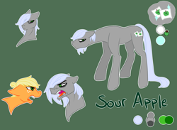 Size: 1024x751 | Tagged: safe, artist:neoncandies, applejack, oc, oc:sour apple, earth pony, pony, alternate hairstyle, argument, bags under eyes, bust, cutie mark, duo, female, green background, male, mare, mother and child, mother and son, offspring, open mouth, parent and child, parent:applejack, parent:count caesar, reference sheet, simple background, stallion