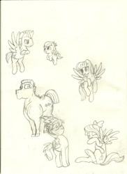 Size: 900x1238 | Tagged: safe, artist:mon311, blossomforth, bulk biceps, cloudchaser, flitter, rumble, thunderlane, pegasus, pony, hurricane fluttershy, brawn, colt, female, male, mare, monochrome, sketch, stallion, traditional art