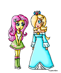 Size: 500x600 | Tagged: safe, artist:ninpeachlover, fluttershy, human, equestria girls, clothes, crossover, crown, dress, ear piercing, earring, hairpin, high heels, jewelry, looking at each other, meeting, nintendo, piercing, princess rosalina, regalia, rosalina, shoes, super mario bros., super mario galaxy, super smash bros.