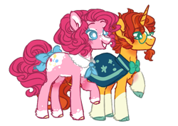 Size: 731x519 | Tagged: safe, artist:s1nb0y, pinkie pie, sunburst, classical unicorn, pony, unicorn, alternate hairstyle, base used, bow, bowtie, cloven hooves, colored hooves, female, leonine tail, male, no pupils, pinkieburst, shipping, simple background, straight, tail bow, transparent background, unshorn fetlocks