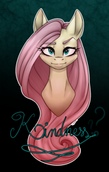 Size: 960x1505 | Tagged: safe, artist:emalajissda, fluttershy, pegasus, pony, abstract background, bust, eye clipping through hair, female, kindness, looking at you, mare, portrait, question mark, raised eyebrow, solo