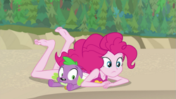 Size: 841x474 | Tagged: safe, edit, edited screencap, editor:logan jones, screencap, pinkie pie, spike, spike the regular dog, dog, better together, equestria girls, forgotten friendship, barefoot, clothes, feet, female, paws, soles, swimsuit, toes