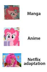 Size: 640x973 | Tagged: safe, pinkie pie, human, female, image macro, irl, irl human, lazytown, meme, netflix, netflix adaptation, photo, pink, pink hair, sparkle world, stephanie meanswell, text