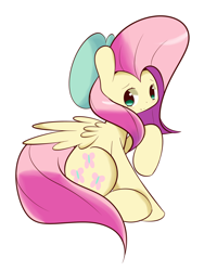 Size: 1280x1600 | Tagged: safe, artist:turtlefarminguy, fluttershy, pegasus, pony, beret, blushing, bow, clothes, eyebrows, female, hat, looking away, mare, pink mane, pink tail, raised hoof, simple background, sitting, smiling, solo, spread wings, white background, wings, yellow coat