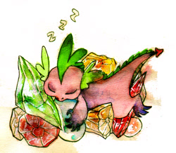 Size: 700x609 | Tagged: safe, artist:muura, spike, dragon, gem, male, pile, sleeping, solo, zzz