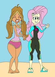 Size: 1513x2129 | Tagged: safe, artist:hunterxcolleen, fluttershy, human, better together, equestria girls, beach, clothes, crossover, feet, flora, flora (winx club), one-piece swimsuit, sandals, swimsuit, wetsuit, winx club