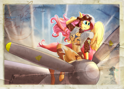 Size: 3200x2300 | Tagged: safe, artist:huckser, fluttershy, anthro, unguligrade anthro, aviator goggles, bomber gal, bomber jacket, clothes, description is relevant, female, fighter plane, flight suit, goggles, high res, jacket, league of legends, pinup, reference, smiling, solo, vintage