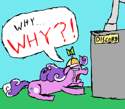 Size: 800x700 | Tagged: safe, artist:putuk, discord, screwball, draconequus, earth pony, pony, season 2, crying, female, how did it come to this, male, mare, petrification, prone, sad, speech bubble, statue, stone, why