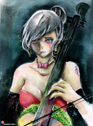 Size: 2291x3101 | Tagged: safe, artist:mashiromiku, octavia melody, human, equestria girls, alternative cutie mark placement, cutie mark on human, ear piercing, earring, jewelry, patreon, patreon logo, piercing, traditional art, violin, violoncello, watercolor painting