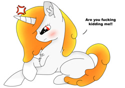 Size: 1169x826 | Tagged: safe, artist:phenioxflame, artist:tech-kitten, oc, oc only, oc:phenioxflame, pony, unicorn, annoyed, base used, blushing, design, ear fluff, fluffy, shirt design, simple background, solo, swearing, vulgar, white background