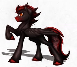 Size: 1724x1520 | Tagged: safe, artist:thatonegib, oc, oc only, pegasus, pony, action pose, commission, digital art, looking at you, mixed media, orange eyes, paint tool sai, red and black oc, simple background, solo, unnamed oc, white background