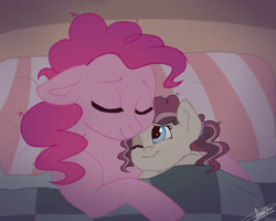 Size: 1600x1280 | Tagged: safe, artist:scorpion-89, pinkie pie, oc, oc:vanilla, earth pony, pony, bed, cuddling, duo, female, filly, floppy ears, mare, mother and child, mother and daughter, offspring, one eye closed, parent and child, parent:cheese sandwich, parent:pinkie pie, parents:cheesepie, sleeping, smiling