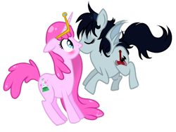 Size: 900x675 | Tagged: safe, artist:sirgalahadbw, alicorn, bat pony, pony, adventure time, blushing, bubbline, female, kissing, lesbian, marceline, mare, ponified, princess bubblegum, shipping, simple background, transparent background