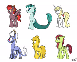 Size: 2656x2142 | Tagged: safe, artist:torusthescribe, oc, oc only, oc:apple spice, oc:beauregard, oc:candlewick, oc:golden fantasy, oc:mozart, oc:rainbow dust, earth pony, hybrid, merpony, pegasus, pony, unicorn, female, high res, interspecies offspring, magical lesbian spawn, male, mare, offspring, parent:applejack, parent:discord, parent:fluttershy, parent:lightning dust, parent:oc:fallen star, parent:pinkie pie, parent:pokey pierce, parent:prince blueblood, parent:rainbow dash, parent:rarity, parent:tree hugger, parent:twilight sparkle, parents:bluejack, parents:discolight, parents:flutterhugger, parents:pokeypie, parents:rainbowdust, simple background, stallion, white background