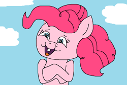 Size: 1028x696 | Tagged: safe, artist:logan jones, pinkie pie, earth pony, pony, cloud, faic, female, i'm with stupid, laughing, sky, smiling, solo, spongebob squarepants