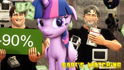 Size: 1920x1080 | Tagged: safe, derpibooru import, twilight sparkle, twilight sparkle (alicorn), alicorn, pony, 3d, funny, gabe newell, joke, money, source filmmaker, valve, watching