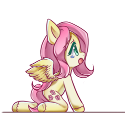 Size: 576x541 | Tagged: safe, artist:pupil, fluttershy, pegasus, pony, female, kneeling, looking up, mare, open mouth, profile, simple background, solo, spread wings, teary eyes, white background, wings