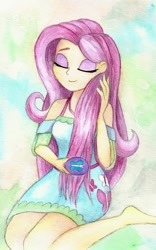 Size: 686x1096 | Tagged: safe, artist:astevenamedwolf, fluttershy, human, better together, equestria girls, barefoot, clothes, cute, eyes closed, feet, female, shyabetes, smiling, solo, traditional art