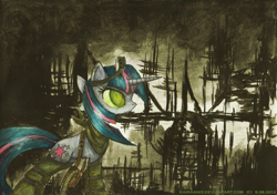 Size: 3480x2450 | Tagged: safe, artist:kairaanix, derpibooru import, twilight sparkle, among the ruins, apocalypse, clothes, fanfic, fanfic art, fanfic cover, solo, traditional art, watercolor painting