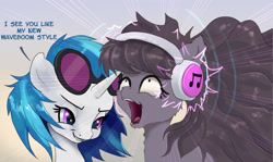 Size: 3140x1868 | Tagged: safe, artist:xbi, dj pon-3, octavia melody, vinyl scratch, earth pony, pony, unicorn, ahegao, ear rape, eargasm, headphones, impossibly long hair, loud, open mouth