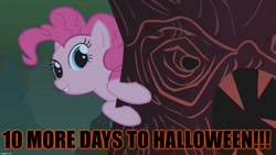 Size: 1280x720 | Tagged: safe, edit, edited screencap, editor:useraccount, screencap, pinkie pie, earth pony, pony, friendship is magic, countdown, excessive exclamation marks, halloween, holiday, image macro, laughter song, meme, solo, text, tree, truth