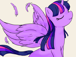 Size: 1600x1200 | Tagged: safe, artist:bauru, derpibooru import, twilight sparkle, twilight sparkle (alicorn), alicorn, pony, feather, simple background, solo