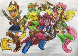 Size: 2764x2000 | Tagged: safe, artist:bozzerkazooers, applejack, fluttershy, pinkie pie, equestria girls, blowgun, crossover, feminism, fukiya, kusarigama, kusarigamajutsu, nunchucks, okinawan kobudo, ponied up, smiling, teenage mutant ninja turtles, tekko-kagi, tmnt 2012, traditional art, weapon