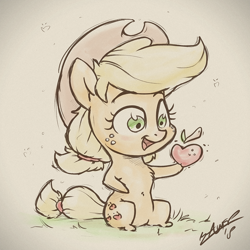 Size: 960x960 | Tagged: safe, artist:assasinmonkey, applejack, earth pony, pony, apple, chibi, cowboy hat, cute, female, food, freckles, hat, jackabetes, mare, solo