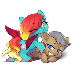 Size: 2449x2449 | Tagged: safe, artist:wynnchi, oc, oc only, oc:andromeda, oc:moon cake, earth pony, pegasus, pony, blue eyes, cute, duo, ear bite, female, gradient mane, hnnng, male, mare, nibbling, ocbetes, prone, simple background, stallion, white background