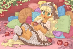 Size: 1800x1200 | Tagged: safe, artist:yanamosuda, applejack, earth pony, pony, apple, applejack also dresses in style, blushing, clothes, cute, dress, female, food, frilly dress, gothic lolita, jackabetes, mare, on back, pillow, solo