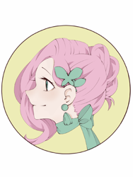 Size: 720x960 | Tagged: safe, artist:balabala, fluttershy, human, alternate hairstyle, bow, clothes, cute, ear piercing, earring, female, humanized, jewelry, piercing, profile, scarf, shyabetes, solo