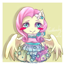 Size: 1000x1000 | Tagged: safe, artist:roya, fluttershy, anthro, pegasus, ambiguous facial structure, blush sticker, blushing, clothes, cute, dress, flower, flower in hair, hairpin, pixiv, ponytail, shyabetes, smiling, solo, starry eyes, wingding eyes